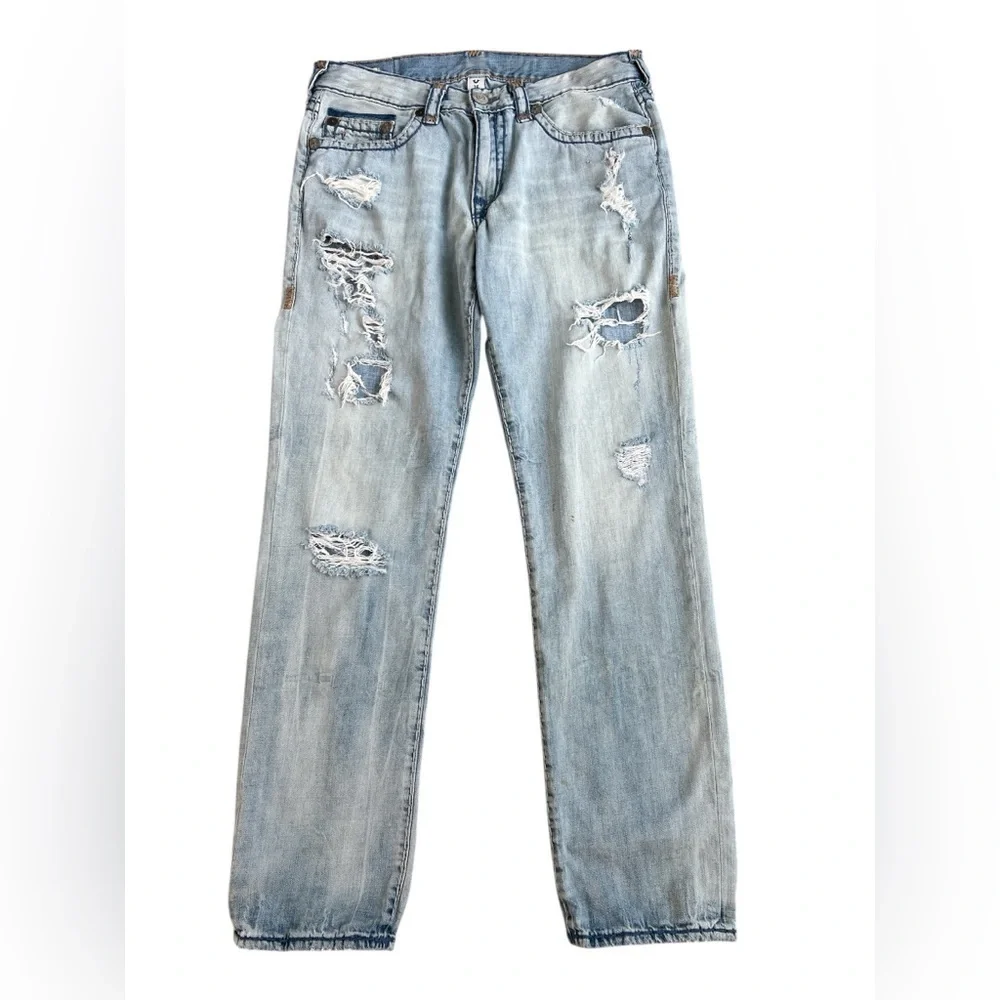 True Religion Athletic Geno Relaxed Slim Blue Straight Jeans Distressed